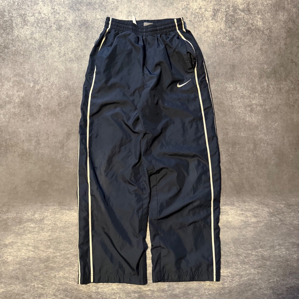 Vintage Nike Navy Blue Nylon Track Pants Youth L 14-16 Windbreaker Piping Swoosh